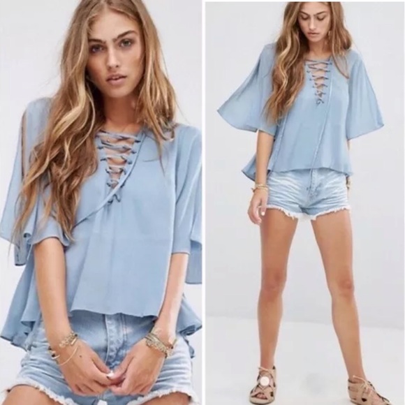 Lovers + Friends Lace Up Boulevard Blue Top Blouse, Size XS - Picture 2 of 8
